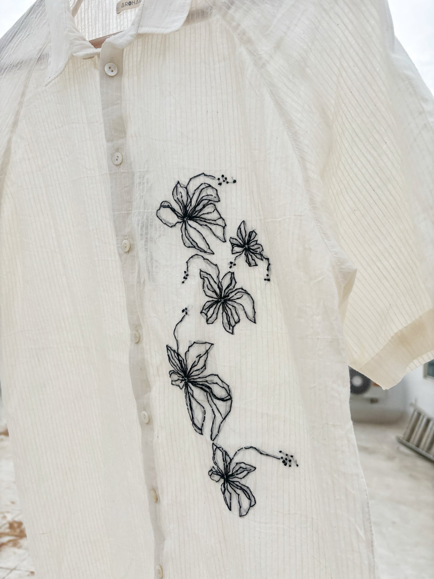 WHITE SELF-STRIPE EMBROIDERED SHIRT