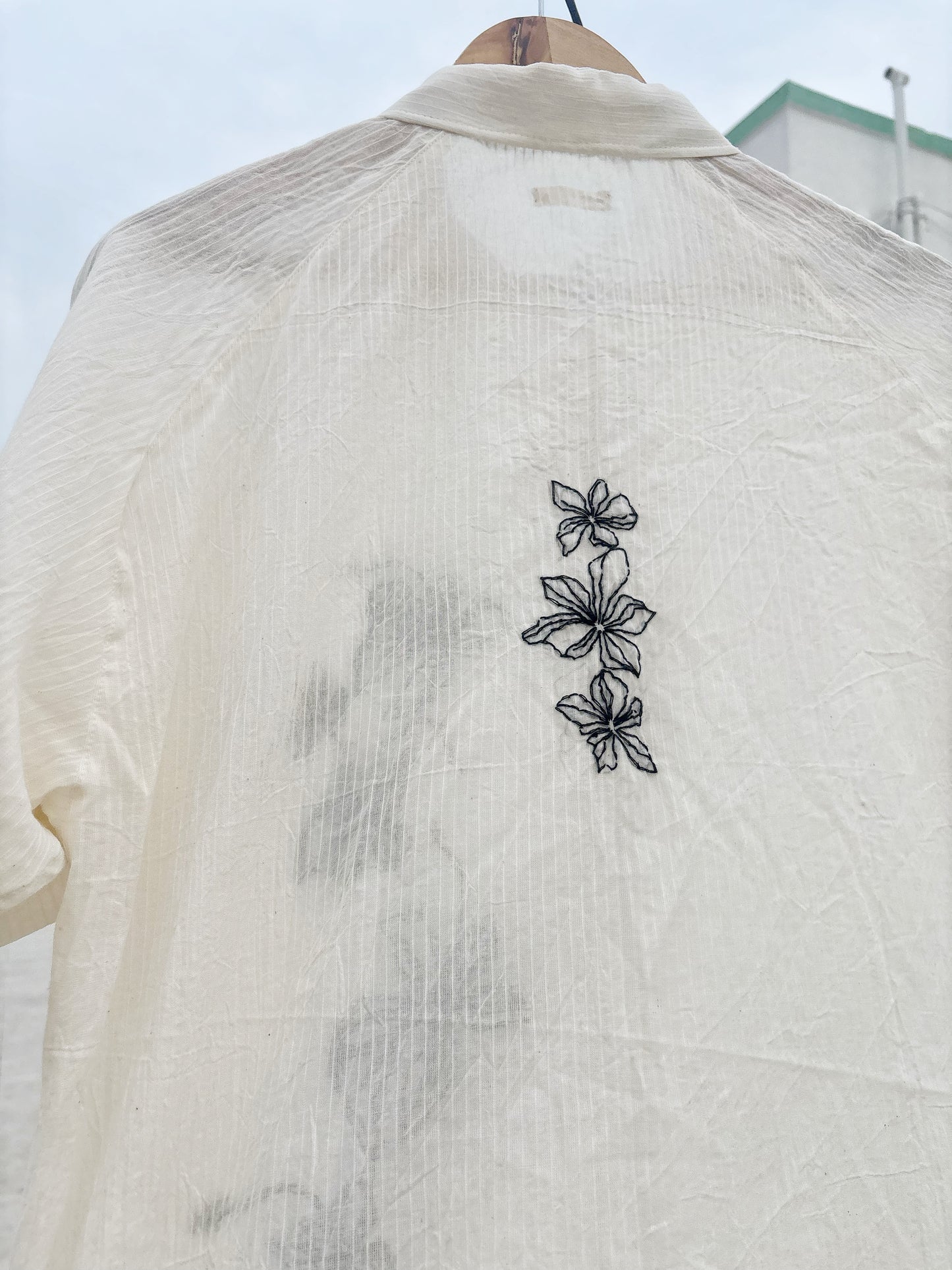WHITE SELF-STRIPE EMBROIDERED SHIRT