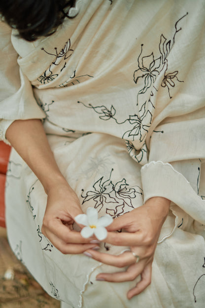 CREAMY WHITE HAND PAINTED SILK SAREE