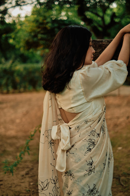 CREAMY WHITE HAND PAINTED SILK SAREE