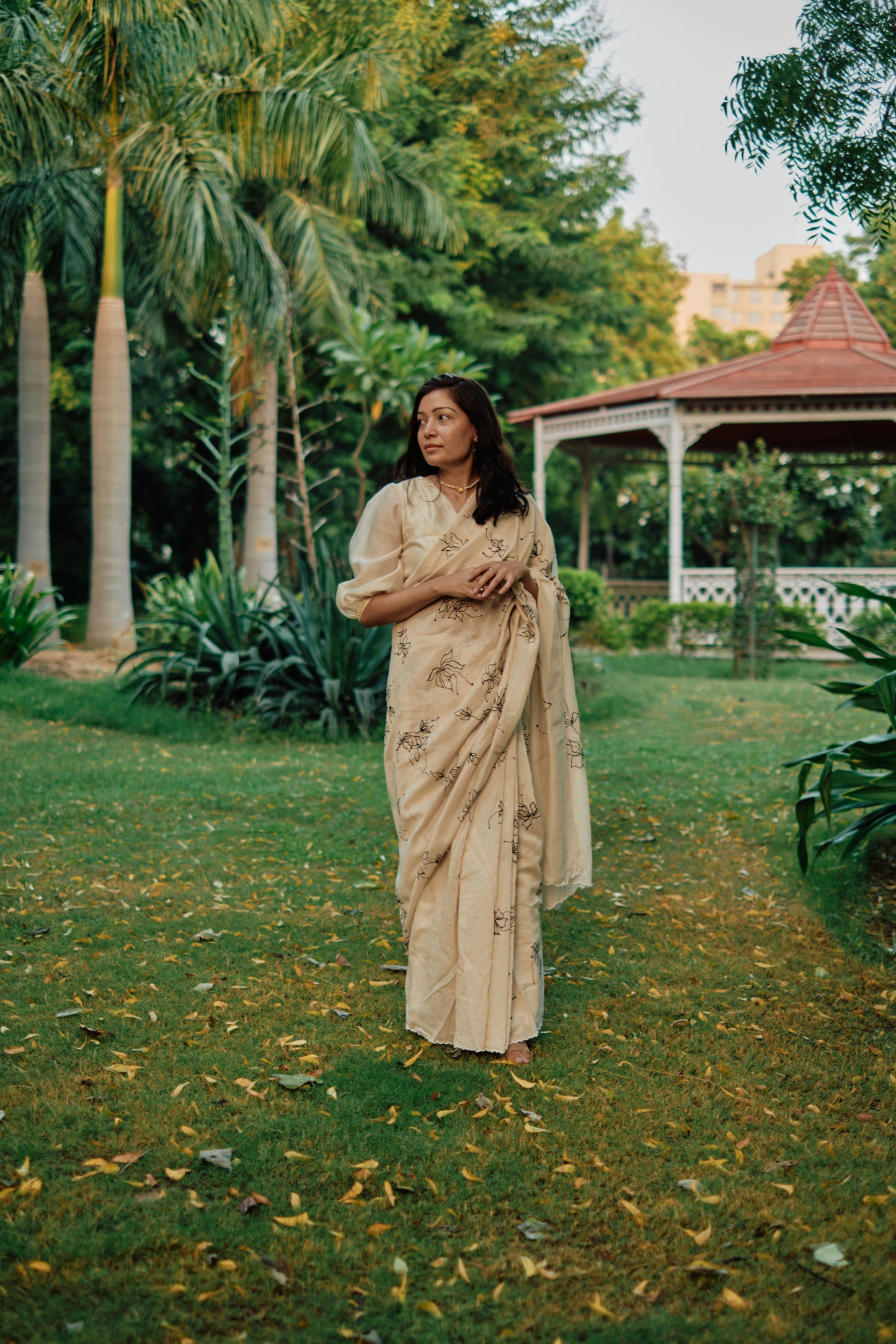 CREAMY WHITE HAND PAINTED SILK SAREE