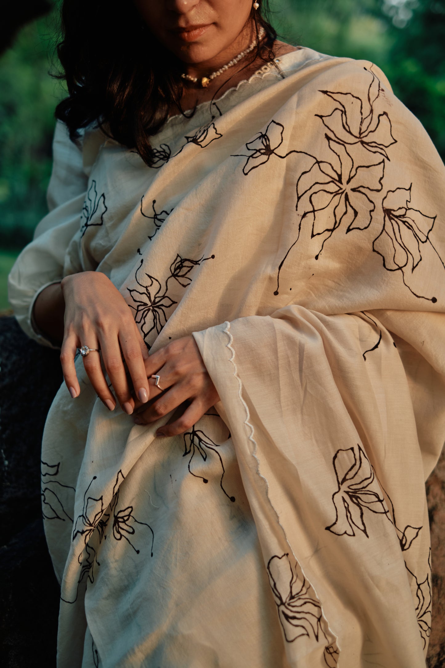 CREAMY WHITE HAND PAINTED SILK SAREE