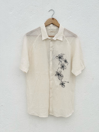 WHITE SELF-STRIPE EMBROIDERED SHIRT