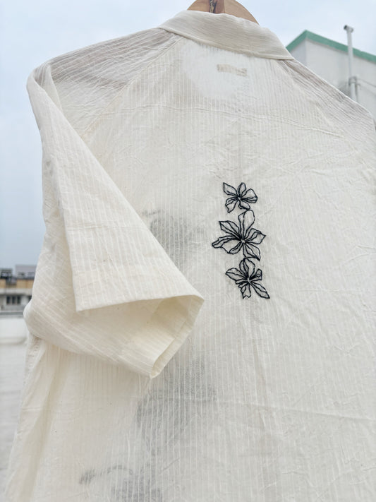 WHITE SELF-STRIPE EMBROIDERED SHIRT